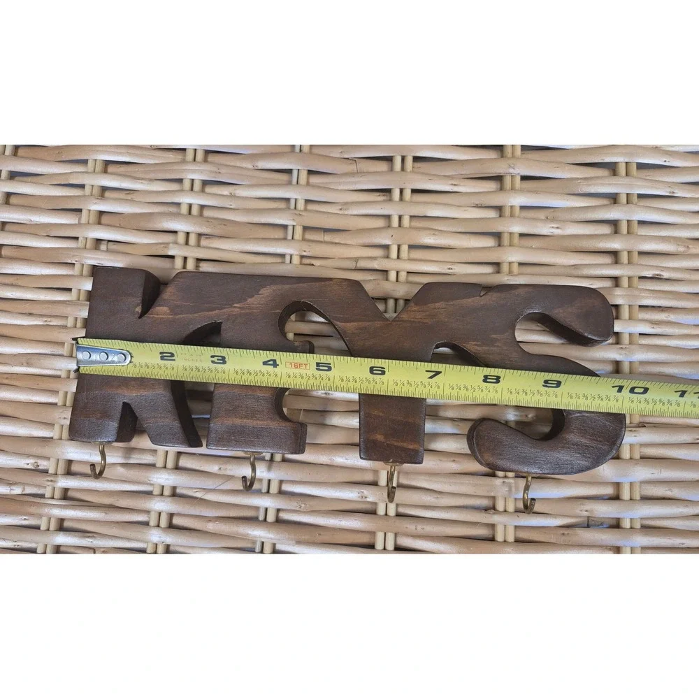 Vintage Wood KEYS Wall Key Holder 4 Brass Hooks Retro MCM Entryway Organizer